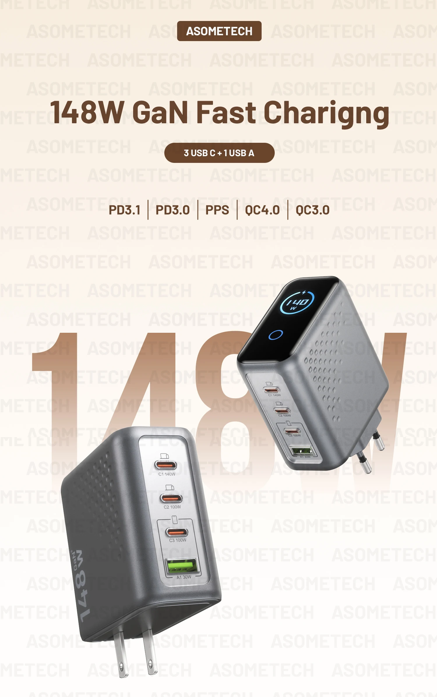 148W GaN USB-C Ladegerät mit Display, 140W PD3.1 3.0 QC4.0 3.0 Schnellladegerät für Macbook, Tablet, Smartphone, iPhone 17 16 – Detail 1