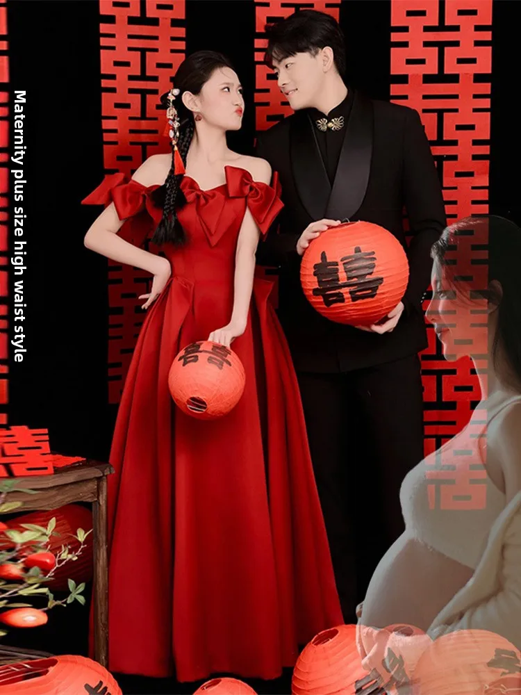 

Wine Red Satin One oulder Wedding Dr Ele High Waist A-Line Skirt for Engagement Bridal ower And Adult Ceremony