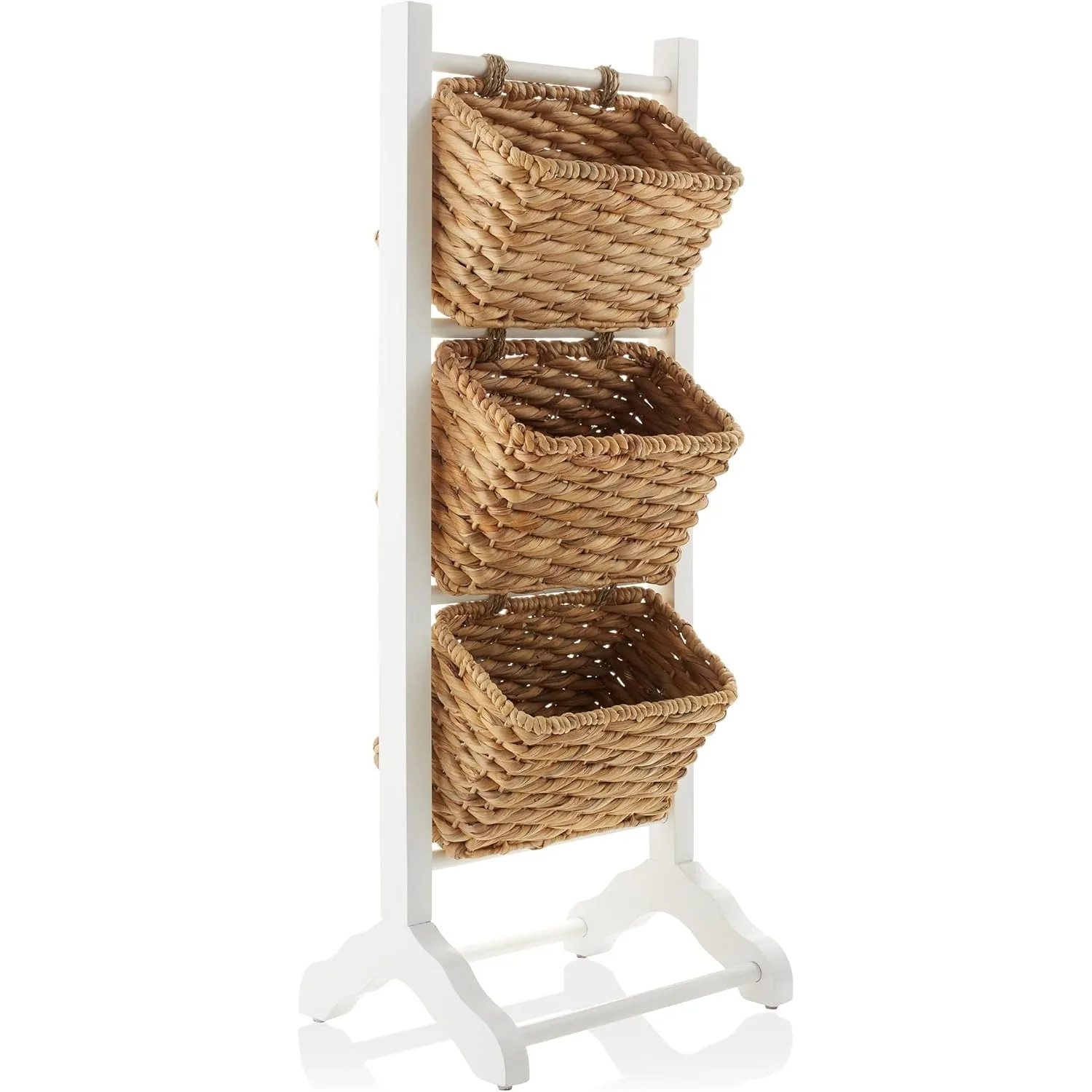 

3-Tier Floor Stand with Water Hyacinth Storage Baskets,White/Natural - Standing Organizer Rack for Bathroom,Kitchen,Laundry