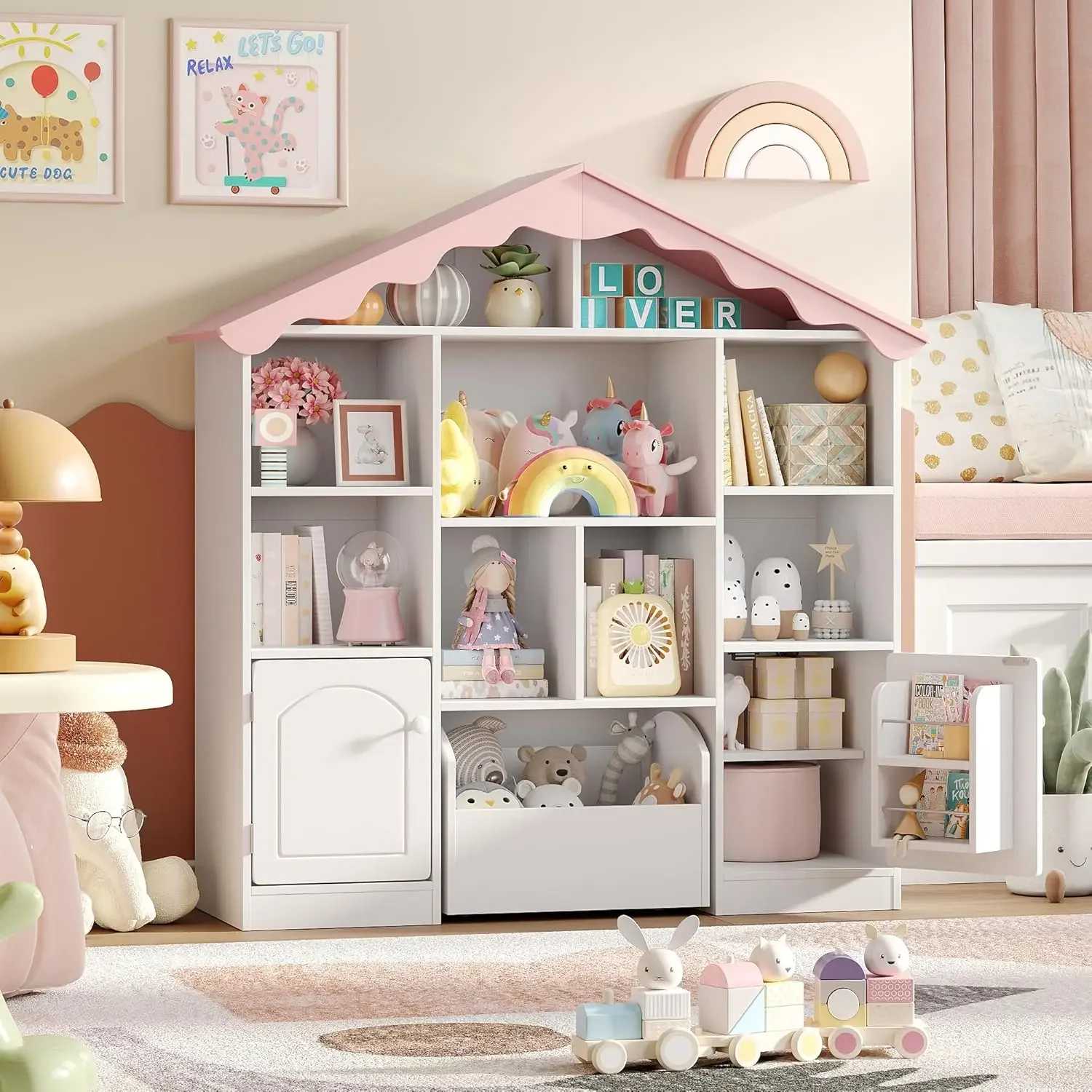 

Kids House Shaped Bookshelf 429 Inch Pink Wavy Roof Movable Drawer 9 Cubbies Multifunctional Storage Organizer For Bedroom Nurse