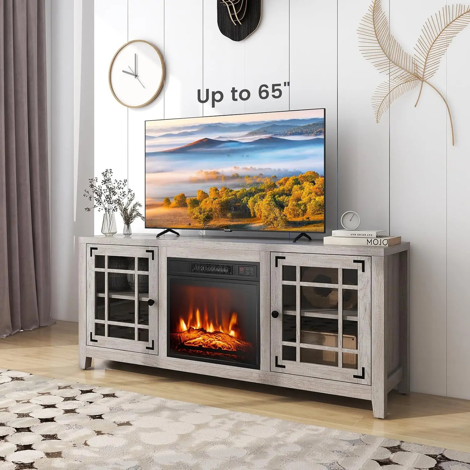 Electric Fireplace TV Stand 65-inch TV 18-inch Heater Remote Thermostat Adjustable Shelves Living Room Bedroom Grey, Customized