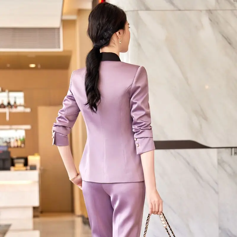 Designer Splicing Women Senior Luxurious Blazer Suit Pants Set Soft Satin Silk Office Lady Graceful Coat Big Size Elegant Jacket