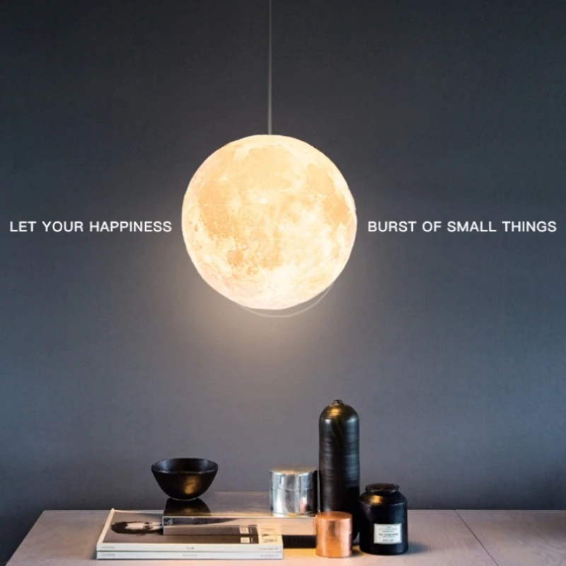 Artpad Moon Pendant Light Modern Simple 3D Printing Ball Shape Hanging Light for Bedroom Dining Hall Kitchen Bedside Decor LED