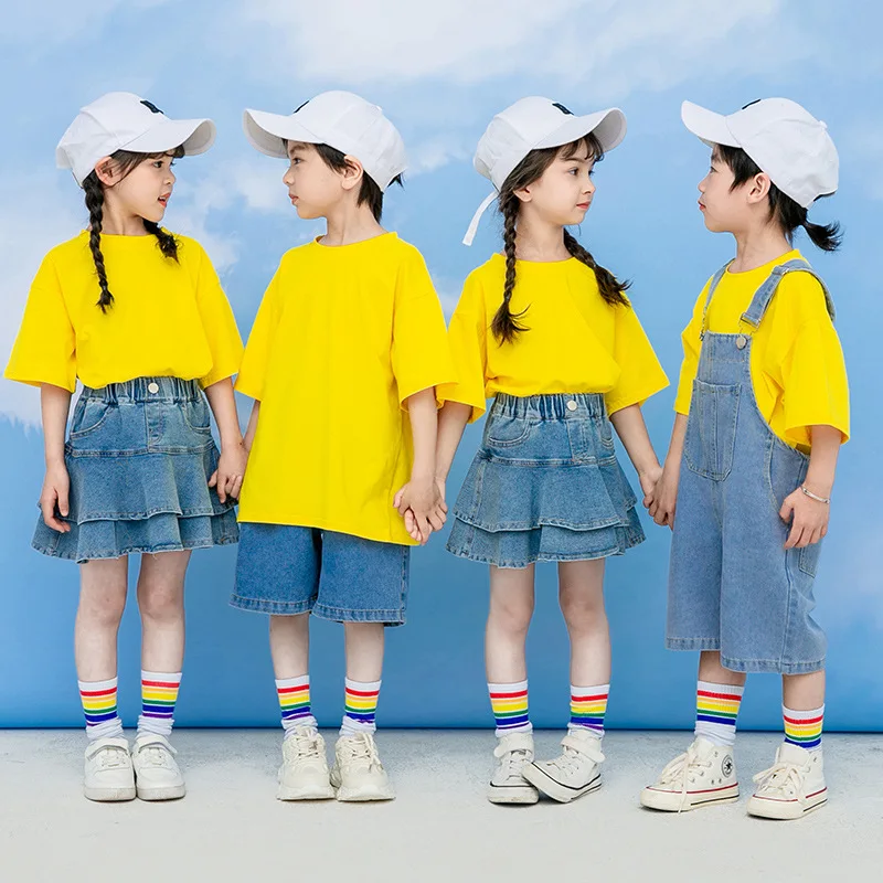 Children's performance attire for June 1st, kindergarten graduation class attire, t-shirt, denim suspender pants, cheerleading p