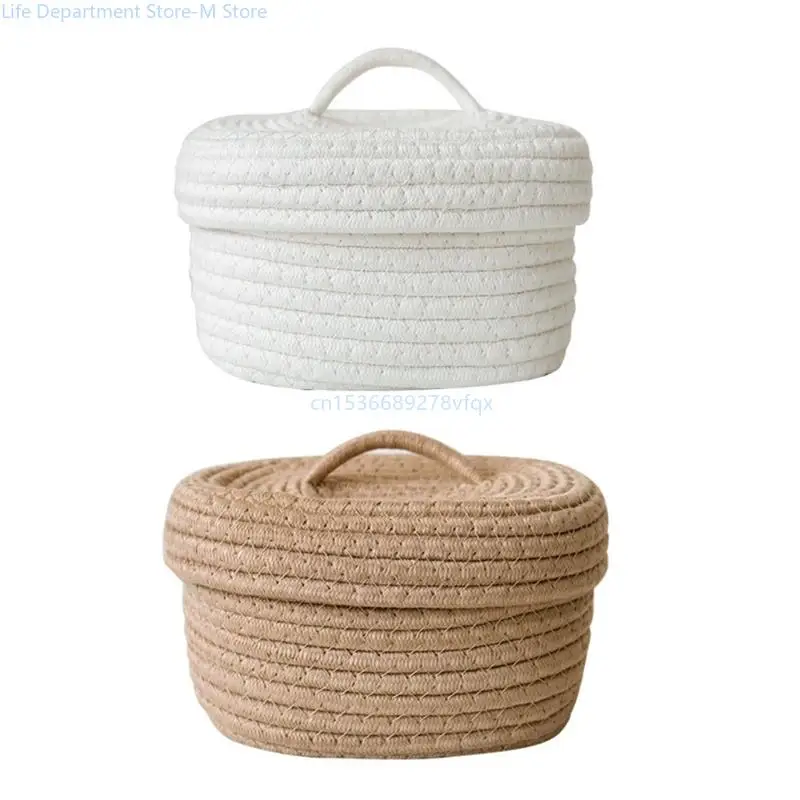 

Woven Oval Storage Box with Lid Cotton Rope Sundries Organization Accessory for Makeup Lipstick Eye Brow Organization