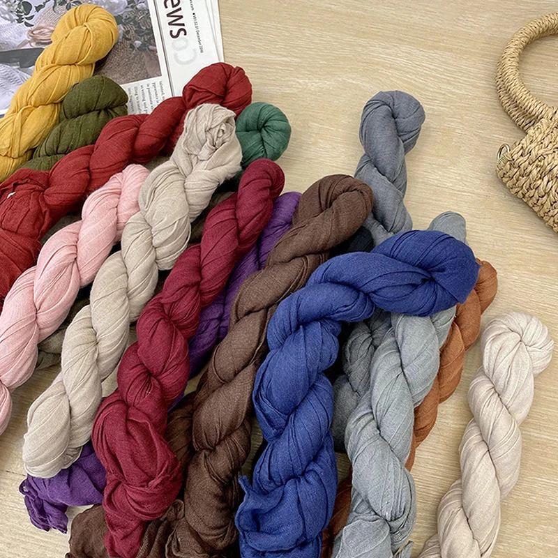 [H]Korean Style Cotton Linen Folded Women's Scarf Thin Pure Color Simple Match Long Shoulder Wrap Neck Warmer Silk Scarf
