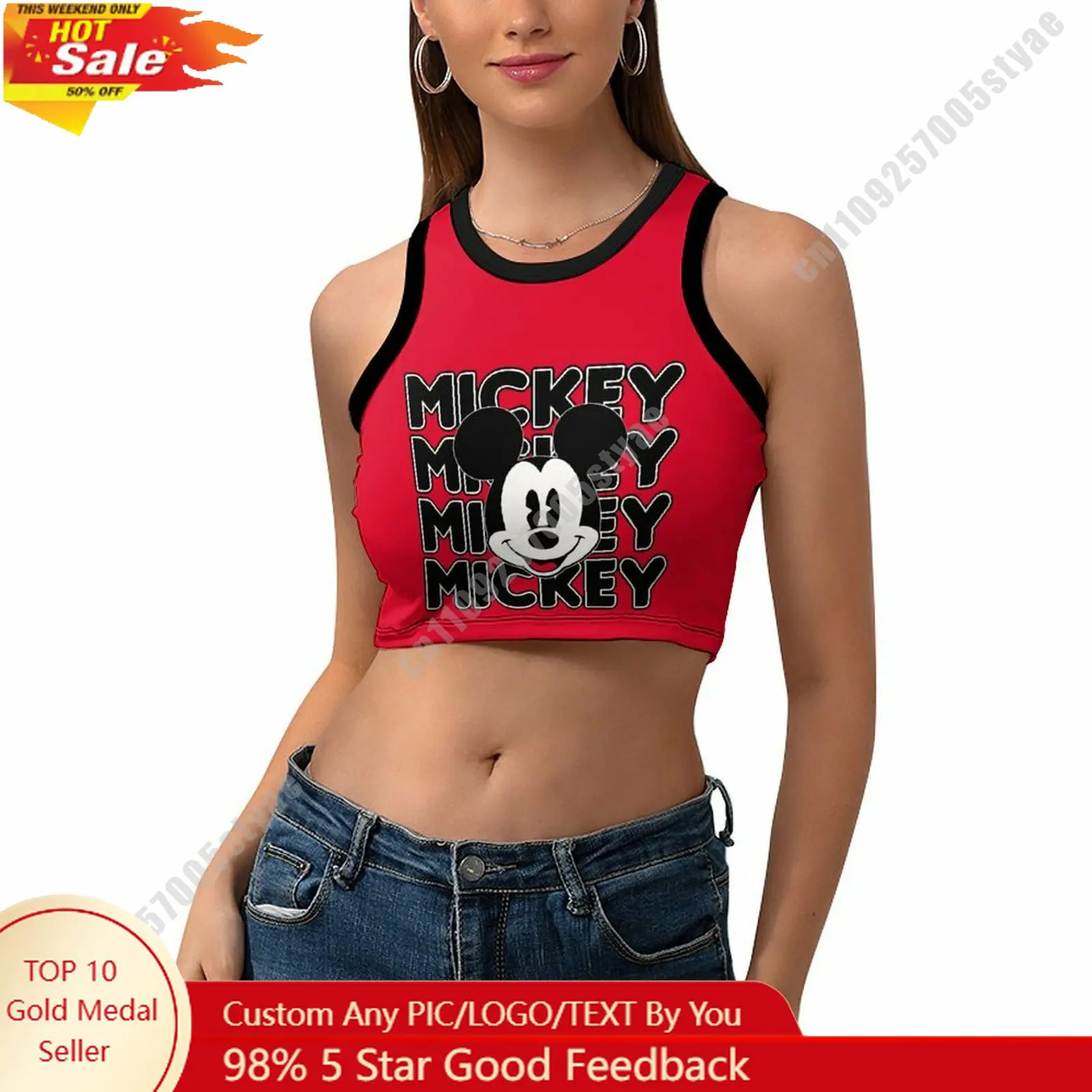 

Mickey Mouse Vest Disney Pattern Custom Photo Text Crop Tank Racerback Vest Personalized Graphic Sleeveless Crop Top