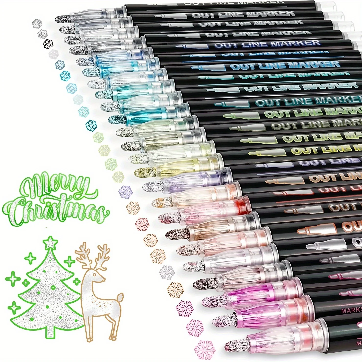 24 Colors Festive Metallic Outline Markers - Bold, Vibrant for Crafts, Plastic & More - Dual-Line