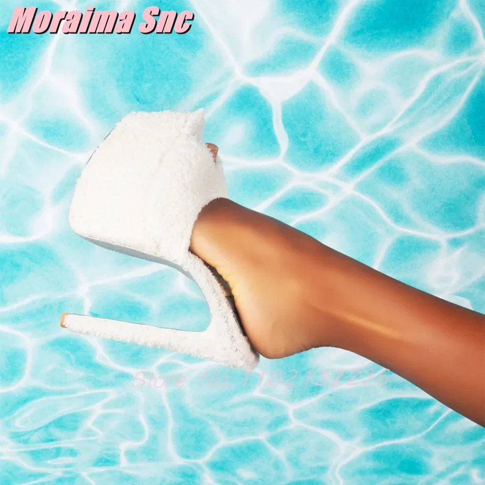 

Wool Platform Pointed Toe Mules Peep Toe Stiletto Super High Heel Slip On Sexy Fashion Women's Summer Slippers White Solid 2025