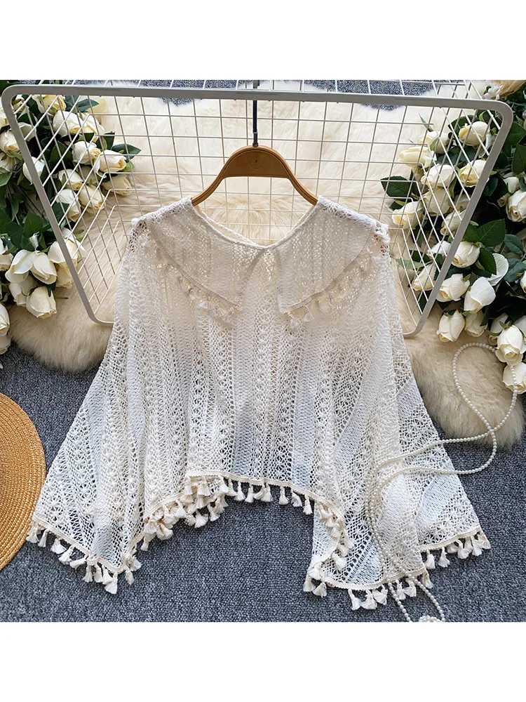 Women's Summer Shirt Korean Version Sweet Outdoor Vacation Vintage Irregular Hollow Knitted Tassel Shawl Jacket Top BL204