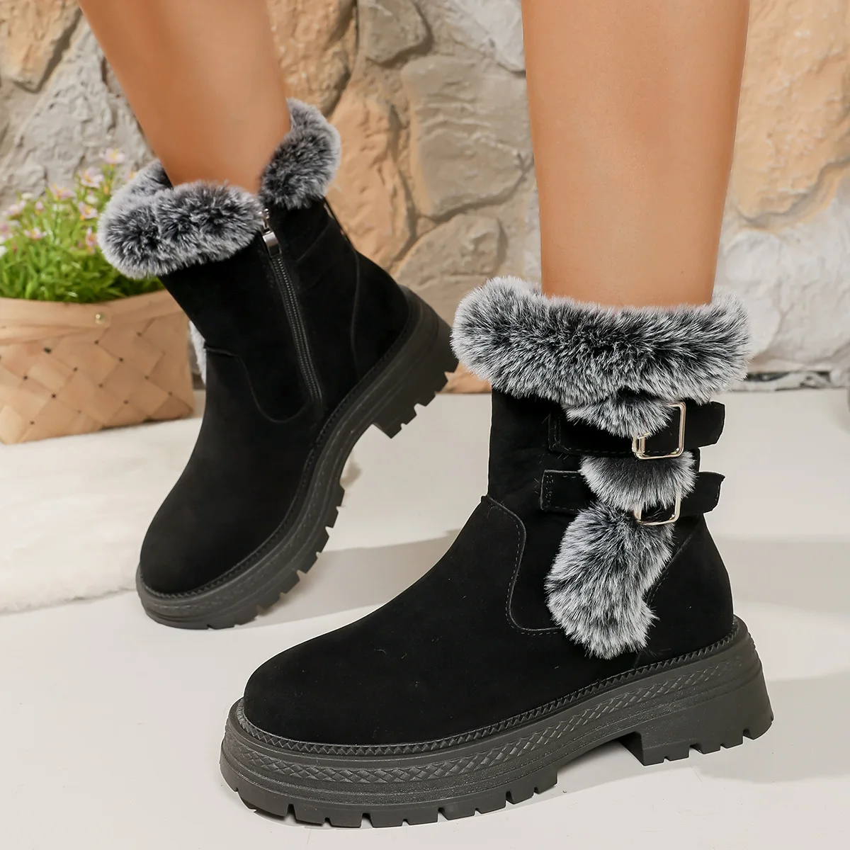

Women Snow Boots Fluffy Fur Wedge Heel Ankle Boots Women Winter Warm Thick Plush Non Slip Shoes Women Metal Buckle Short Booties