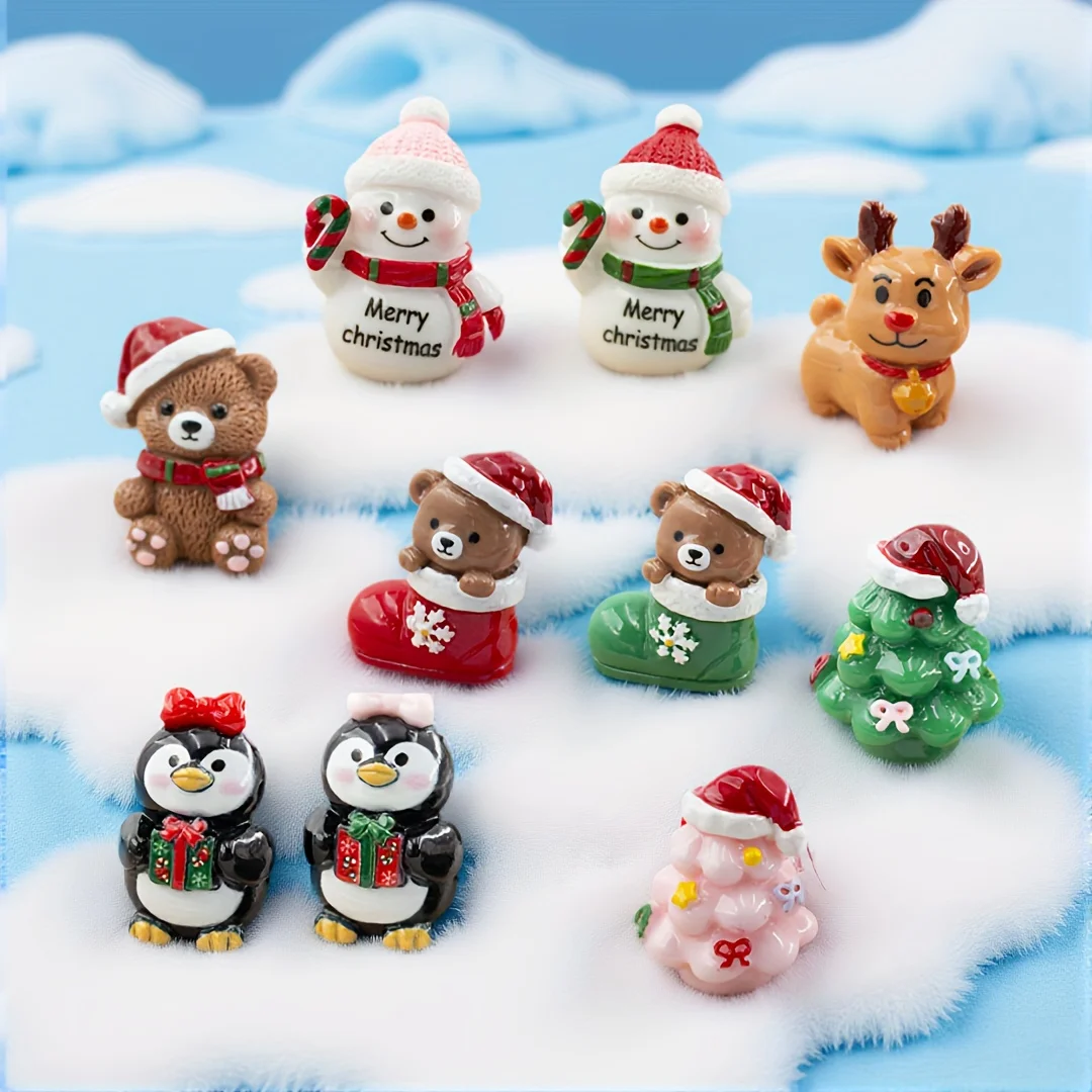 12Pcs Mini Resin Christmas Figurines Snowman Elk Penguin Bear Ornaments Micro Landscape Car Home Decor Gifts