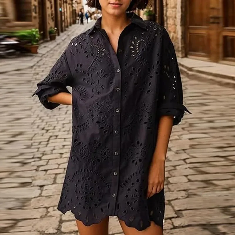 Summer Autumn Loose Hollow Out Shirts Solid Color Long Sleeve Commute Elegant Turn-down Collar Single Breasted Cardigans Blouses