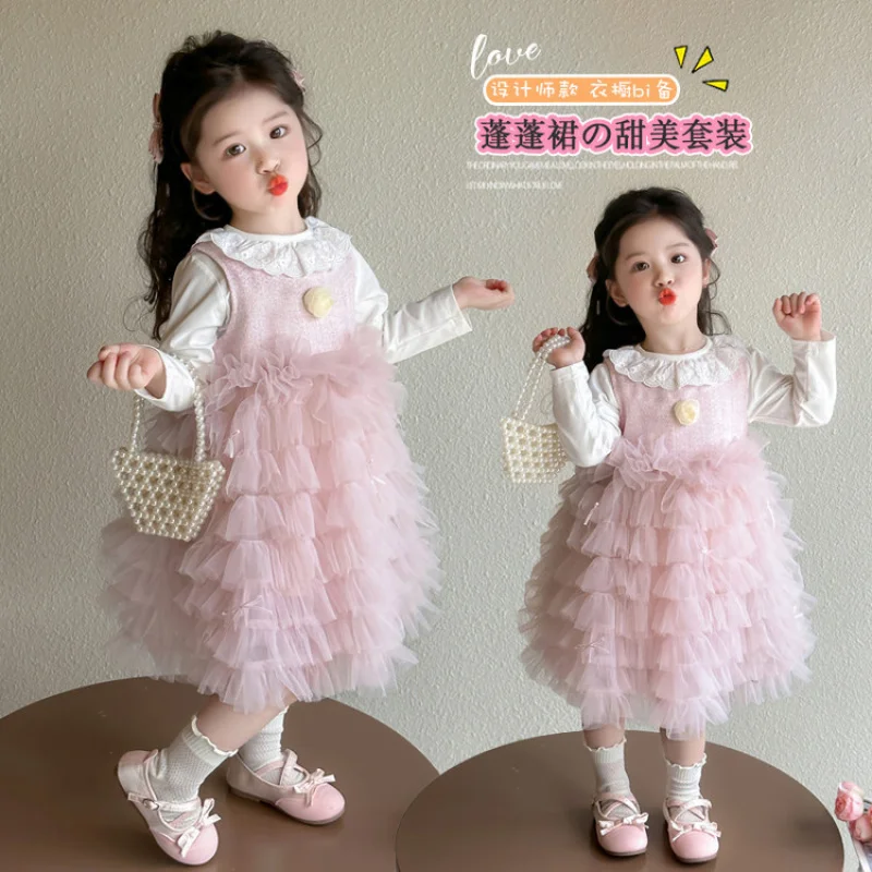 

Girls' Spring and Autumn New Stylish Rose Cake Tulle Dress and Base Shirt Two-Piece Set