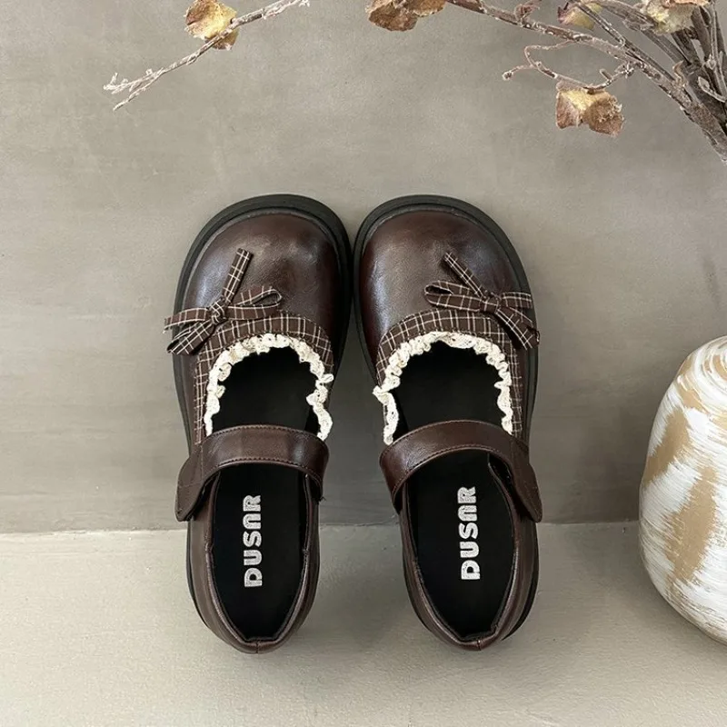 Bow Strap Mary Jane Single Shoes Round Toe Shallow Mouth Lace High Heels