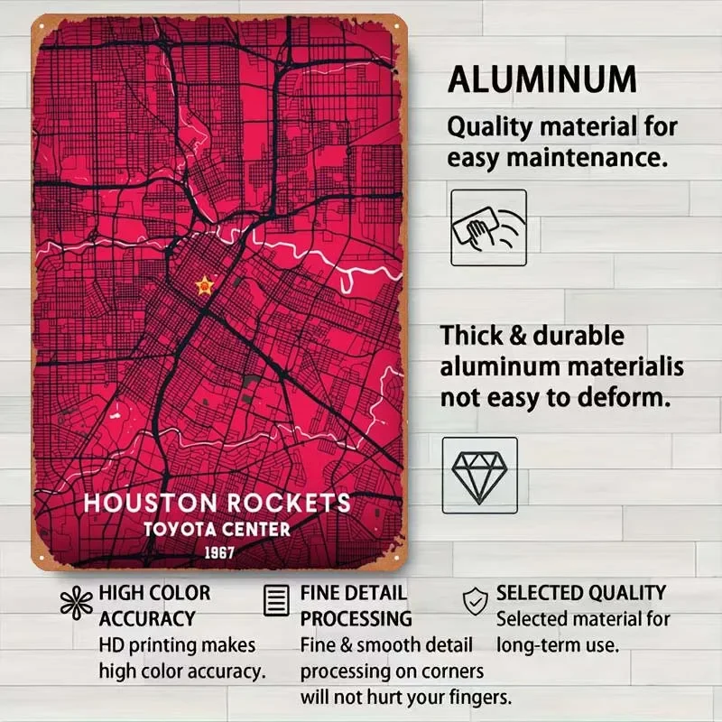 Houston Rockets Map Sign Sport Metal Poster Gaming Room Decoration Retro Metal Tin Sign for Wall Decoration Aesthetics Art Mural