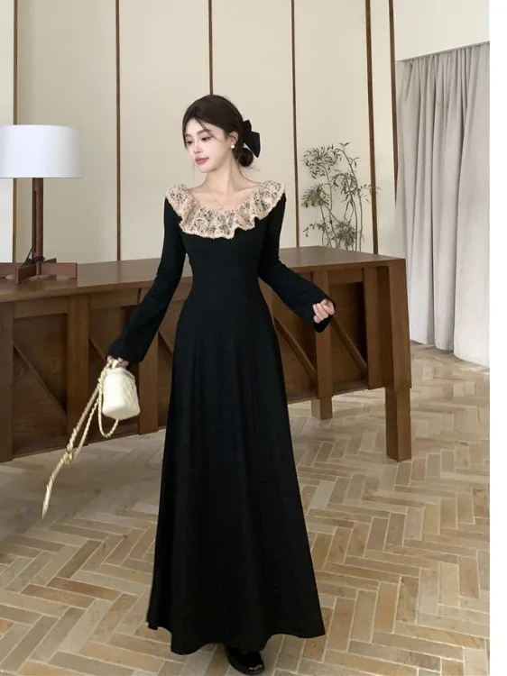 

plus Size Bla Lace Collar A-Line Long Dr Women's Autumn Winter Slimming Waist Cinched Court Sle Korean Version Commute...