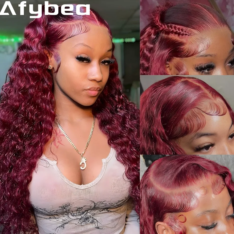 36 Inch Red Colored Curly 13X6 Lace Front Wigs Human Hair Pre Plucked 99J Burgundy Deep Wave Hd Lace Frontal Wig With Baby Hair
