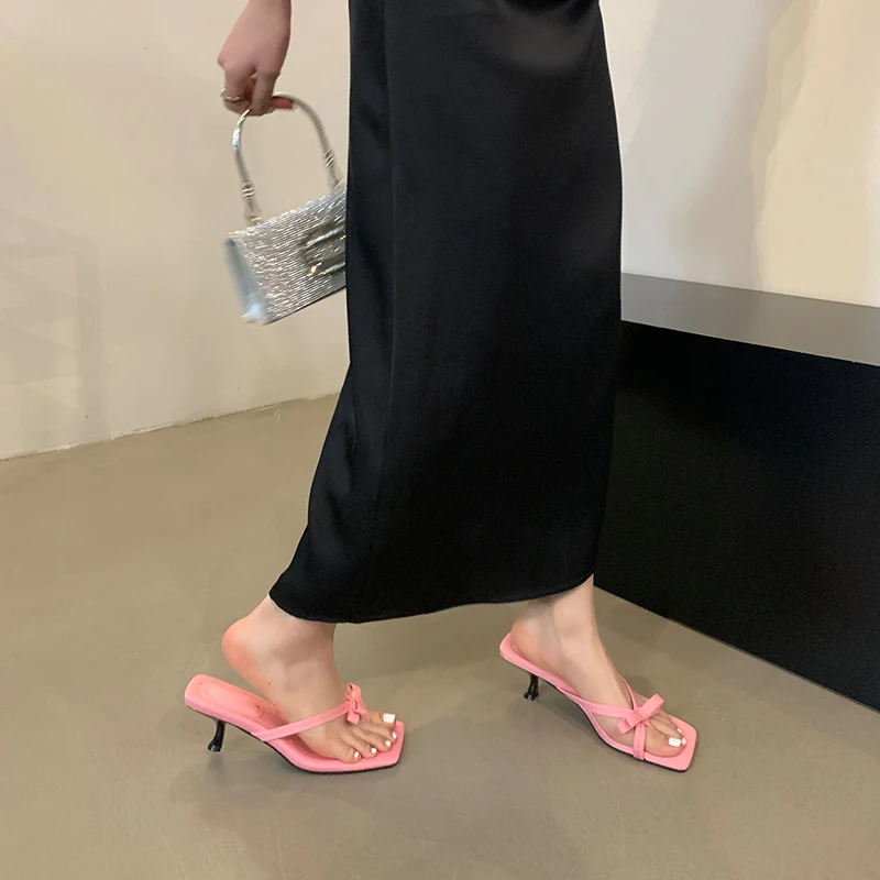 Sexy Clip Toe Low Heels Silk Slippers Woman Butterfly Knot Sandals Slip On Flip Flops Mules Party Nightclub Designer Shoes