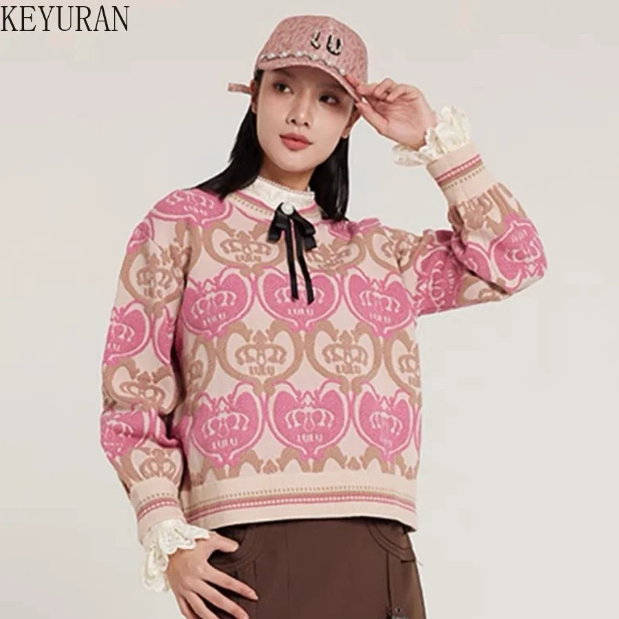 Pull jacquard à manches longues et col rond pour femmes, pull Kawaii doux, pull rose, tricots Yrer vintage, filles douces