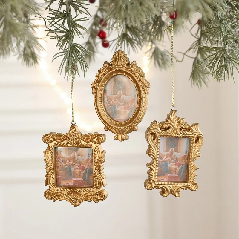 Gold Resin Special Shaped Photo Frame Pendant Decor For Christmas Tree Household Window Holiday Hanging Ornaments