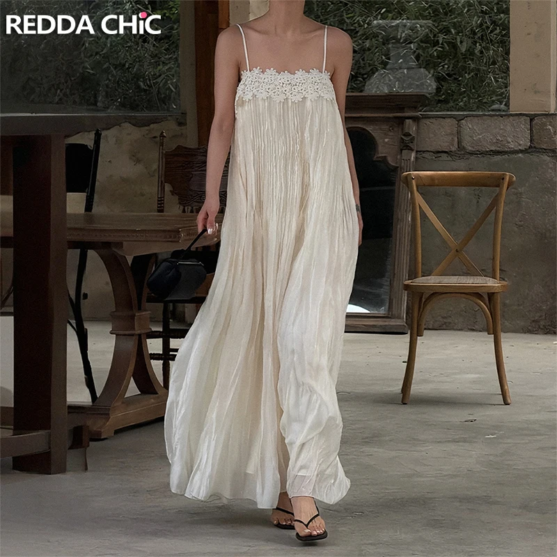

ReddaChic Coquette Lace Trim Summer Dress Wedding Peral White Sleeveless Loose Textured Long One-piece Fairycore Woman Clothes