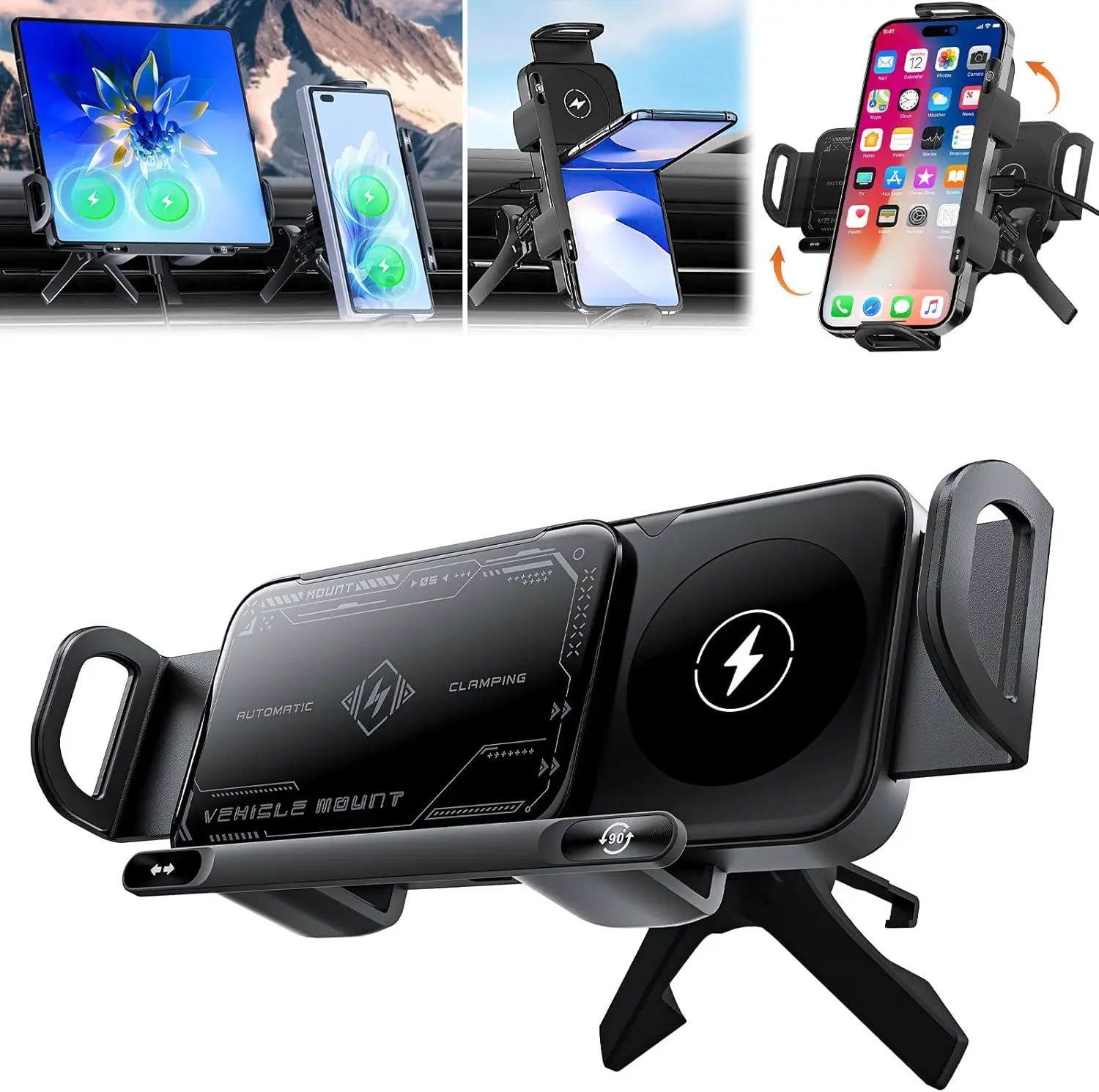 2-in-1 Electric Mount Car Wireless Charger Foldable Phone Stand for fast Charging Suitable for iPhone Xiaomi Samsung iPad Tablet