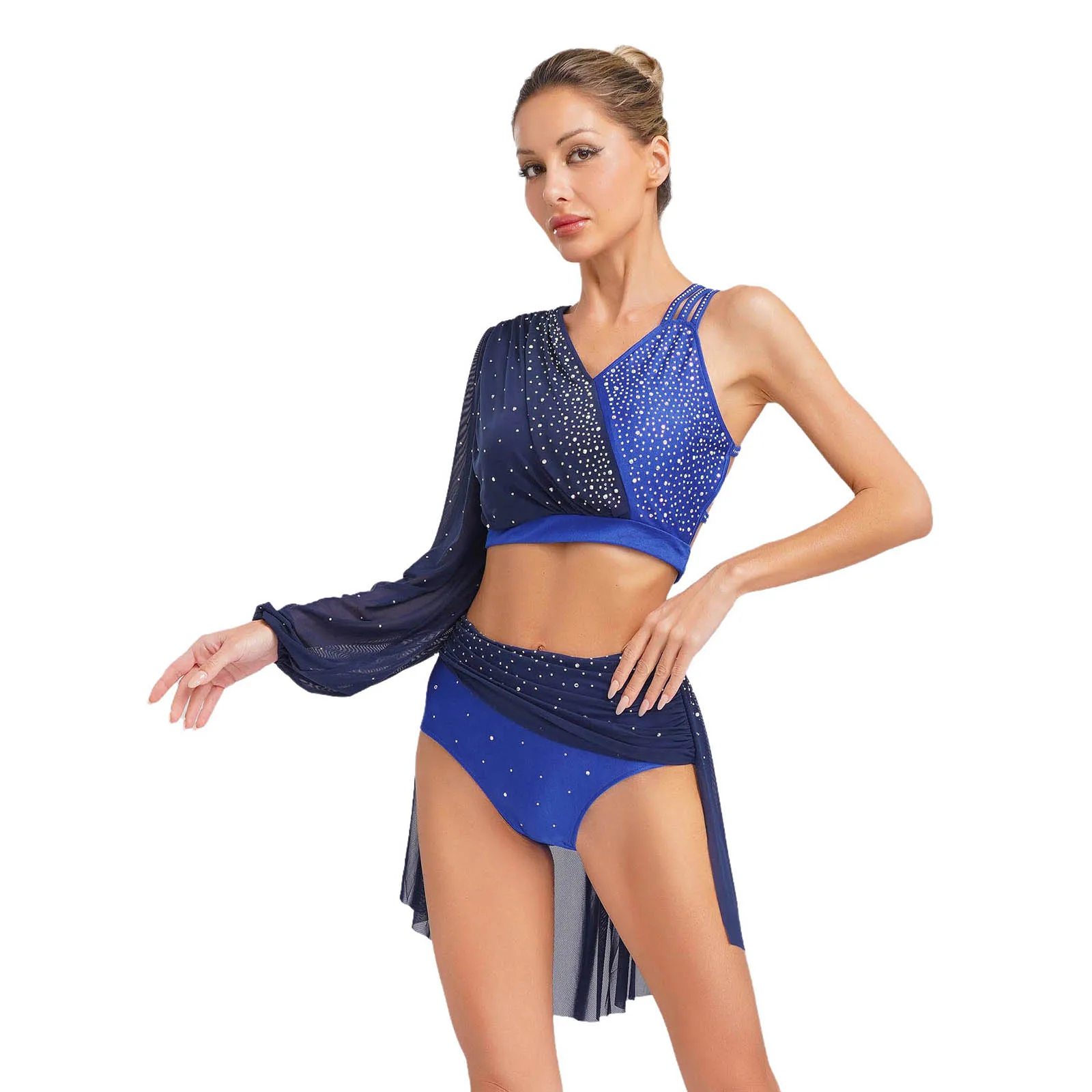 

2-piece Women Lyrical Modern Dance Outfit Backless Crop Top And Mesh Skirted Briefs Suit for Contemporary Dance Competition Wear
