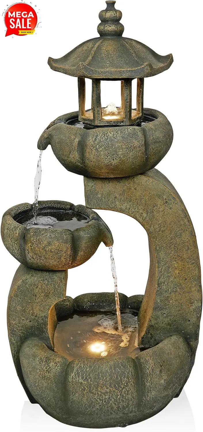 

Фонтан WIN1688 32 дюйма, 2-уровневый, в форме пагоды, из полистоуна, со светодиодной подсветкой, каскадный водопад, для сада и патио, в стиле Дзен