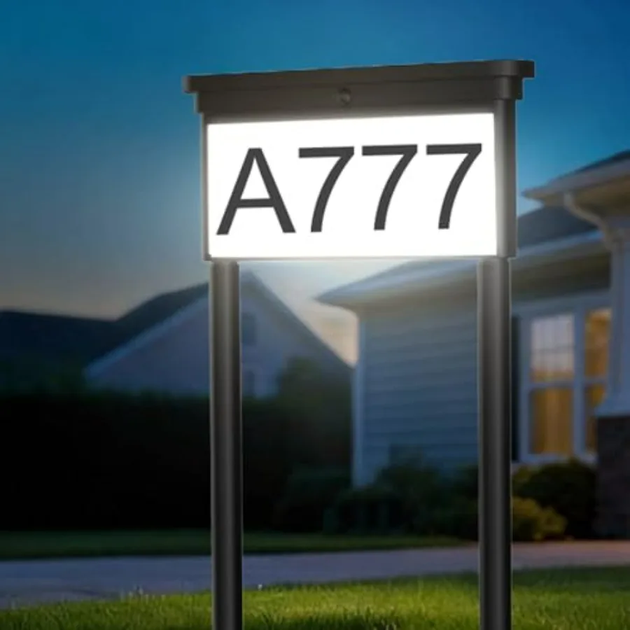 

New Upgraded Solar Address Sign, Double-Sided 3-Color Lighting LED House Numbers, Dual Stakes Waterproof Outdoor Address Plaque
