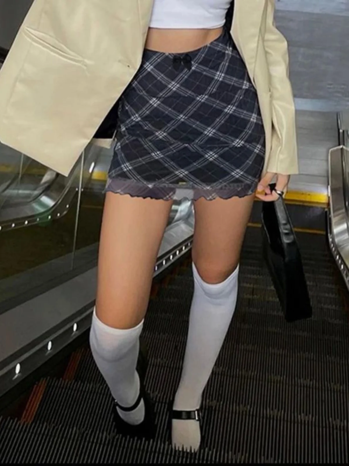 

Retro Plaid Double Layer Me ort Skirt Women's High Waist Bodycon Skirt Street Sle A-Line Silhouette Winter 2024