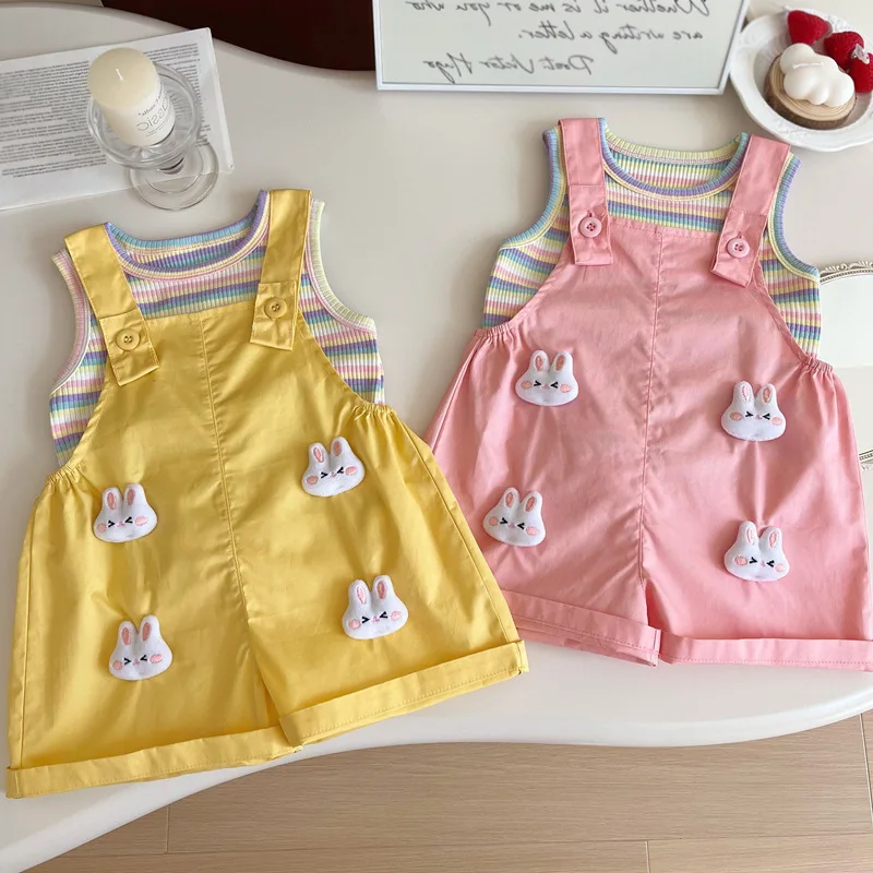 

Baby Summer Sleeveless Suspender Pants Suit2024New Children Fashionable Stylish Rabbit Suspender Pants Two-Piece Set