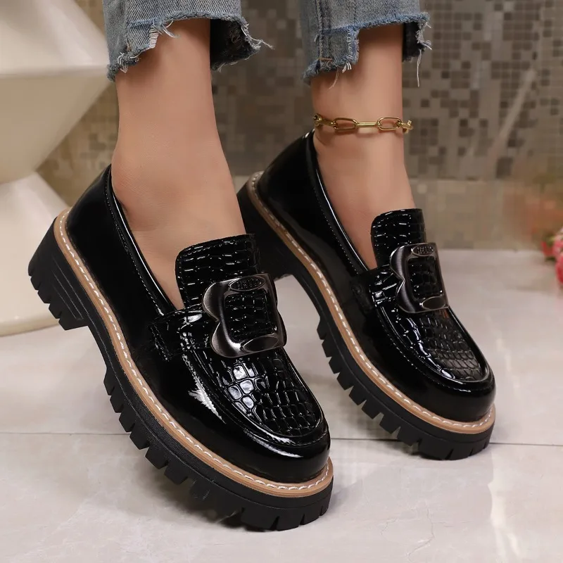 Plus Size Platform Loafers Shoes for Women 2025 Fashion Metal Buckle Pu Leather Shoes Woman Spring Autumn Slip On Flats Female