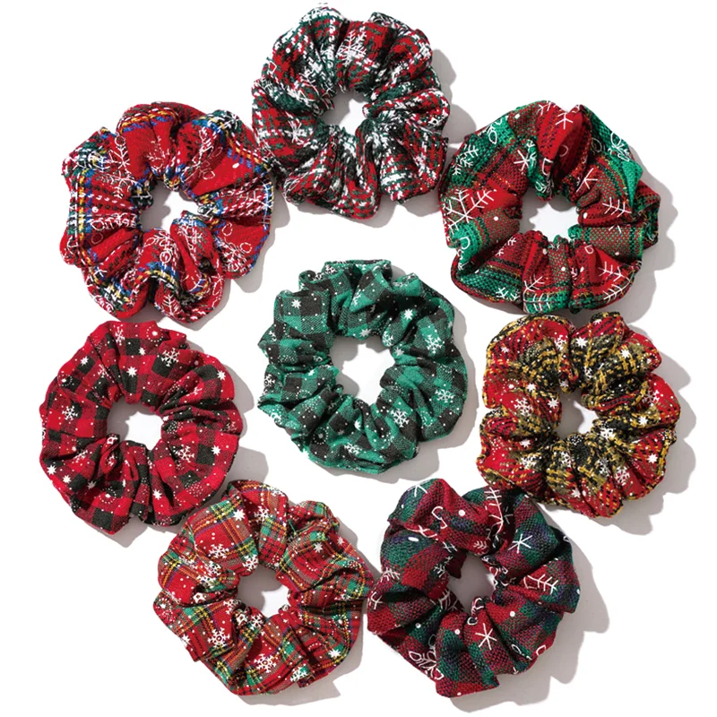 Fashion Christmas High Elasticity Hair Ties Red Plaid Scrunchie Snowflake Pattern Hair Rubber Band For Women Girl