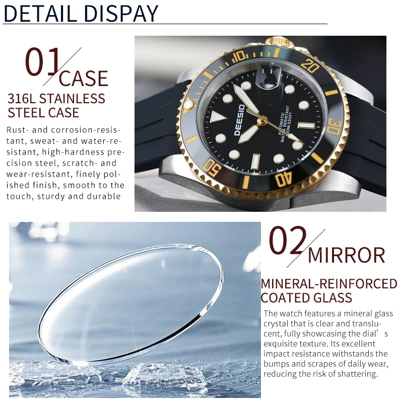 DEESIO Men's Luxury Full Automatic Mechanical Watch, Black-Golden Dial, Luminous Self-Winding, Date Calendar, High-Hardness Mineral Glass, Soft Silicone Rubber SweatproofStrap,Upgrade 100M Water Resistant, Business Casual Sport Analog Round Gift for Men