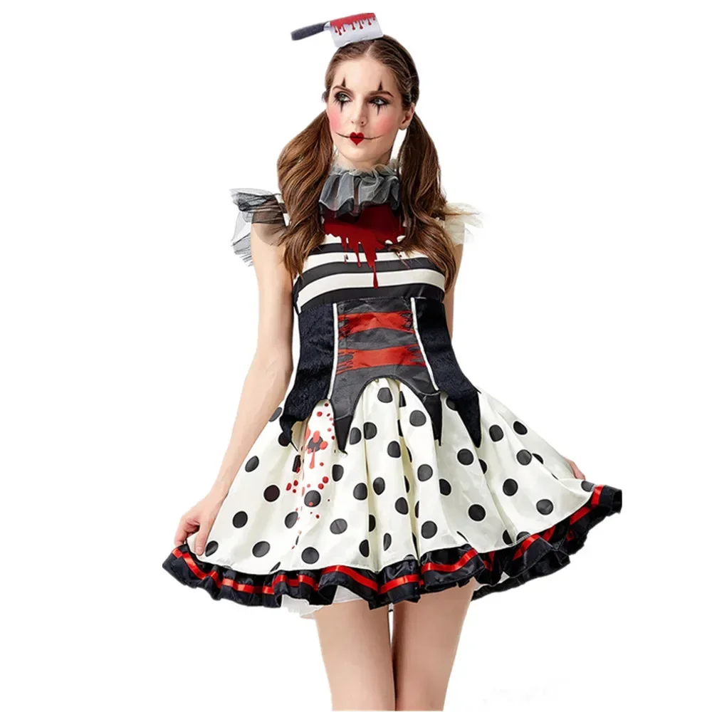 Halloween Carnival Bloody Circus Clown Scary Costume Polka Dot Short Skirt Zombie Costume