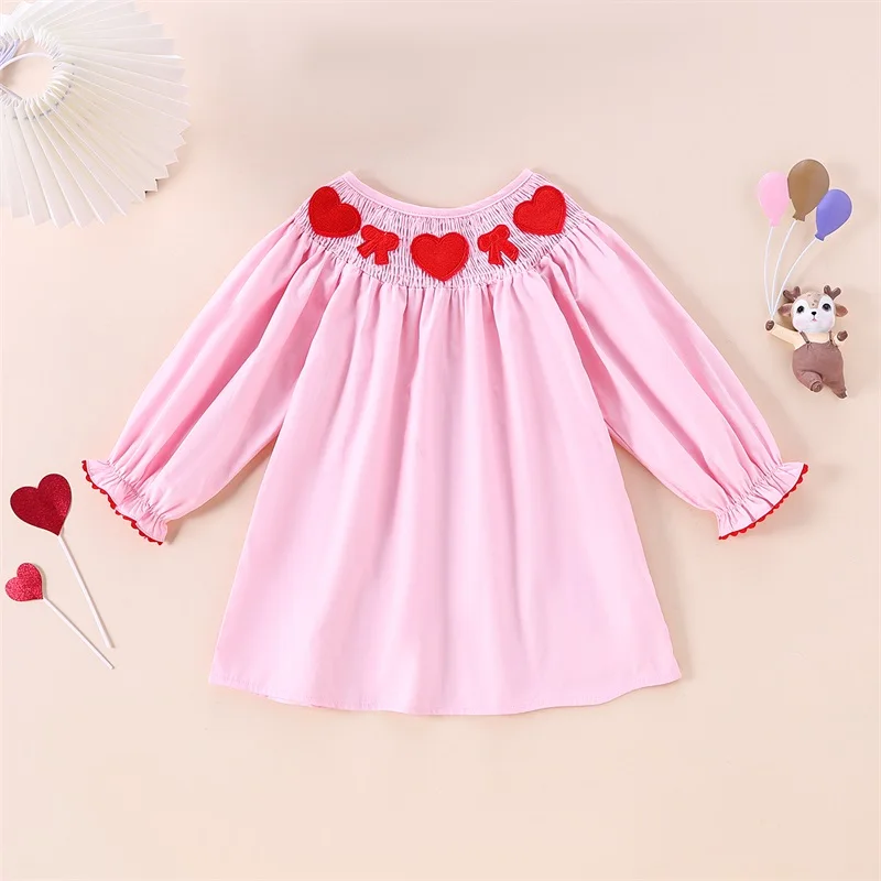 

Valentine s Day Sweetheart Ruffle Sleeveless A-Line Dress with Heart Print and Smocked Round Neck for Little Girls