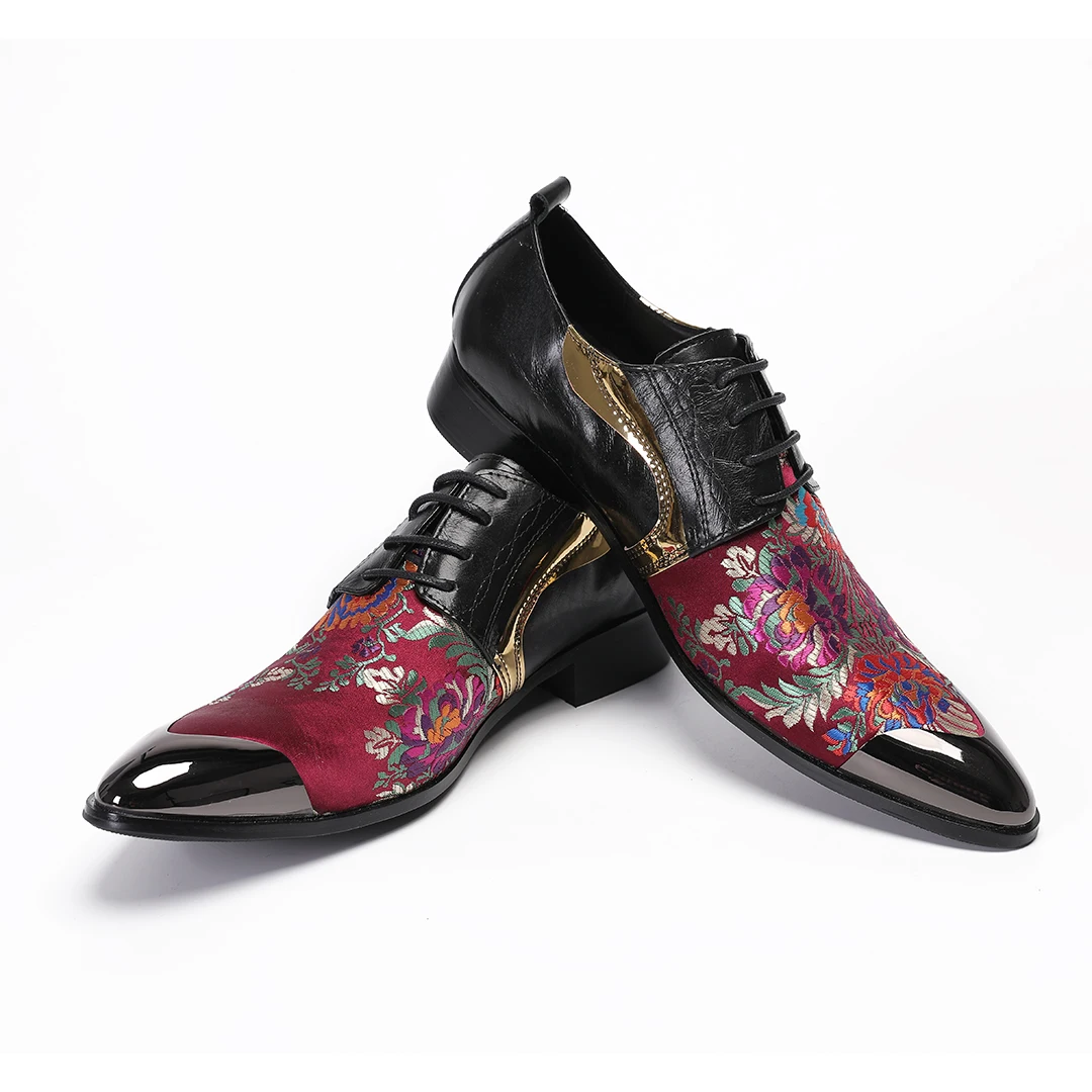 Fashion Metal Pointed Toe Floral Genuine Leather Dress Shoes for Men Plus Size Prom Party Oxford Shoes Male Lace Up Brogue Shoes