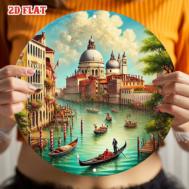 2D Flat, Venice Scene Round,Gondolas Round Wall Art,Waterway View Decorative plaque,Cityscape Perfect for Home, Office