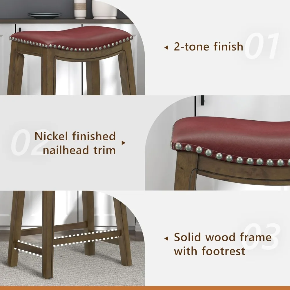 Sgabello da bancone in legno massello rosso - Sgabelli da bar da cucina con sedile a sella da 25 pollici per sala da pranzo e divertimento