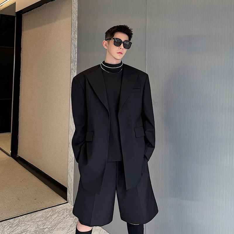 Men Fashion Show Loose Casual Oversized Blazers Suits Jacket Shorts 2PCS Sets Korean Streetwear Vintage Suit Coat Short Pant