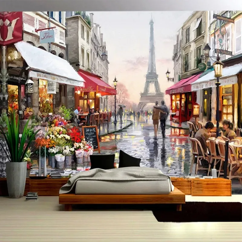 European Style Street Oil Painting 3D Photo Floral Scenery Cafe Restaurant Interior Fashion Decor Wall Paper Papel De Parede 3D