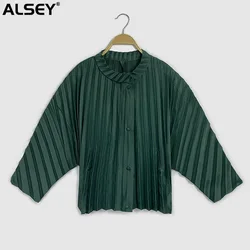 ALSEY Miyake Pleated Korean Fashion  Batwing Sleeves Jacket for Women Spring New Casual Zipper Windbreaker Loose Short Coat