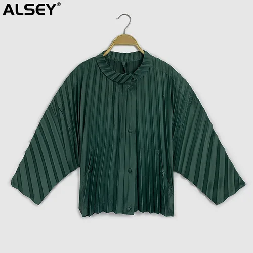 ALSEY Miyake 플리츠 배트윙 슬리브 재킷 여성용, 용수철 캐주얼 지퍼 바람막이, 루즈 숏 코트, 한국 패션, 신상 