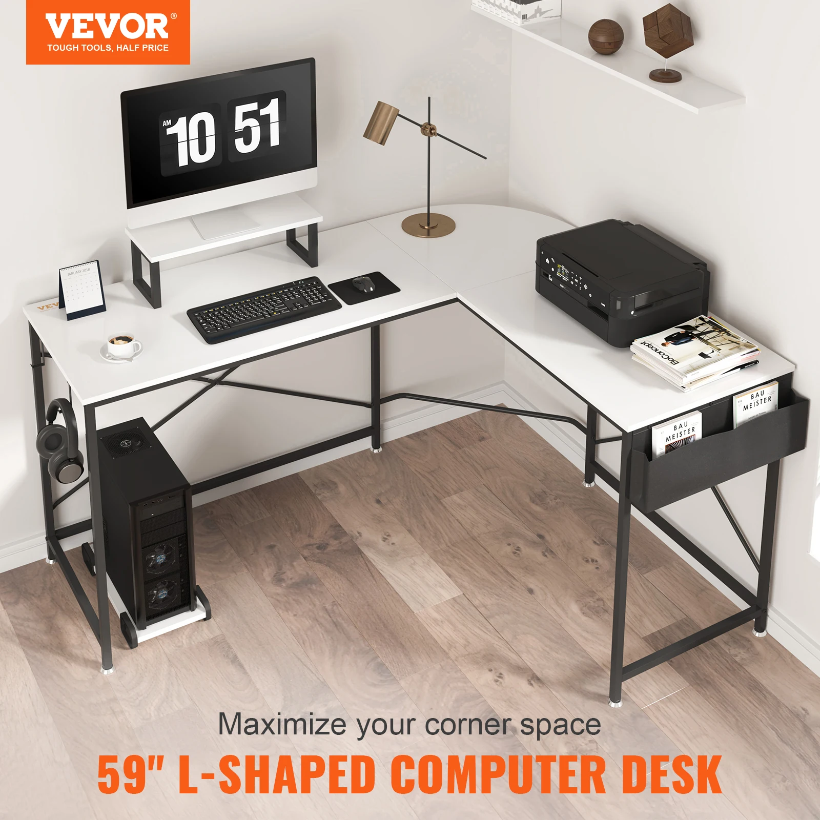 VEVOR meja komputer bentuk L, meja sudut 47 "/54"/59 "dengan tas penyimpanan Monitor Riser dan dudukan CPU meja kerja kantor