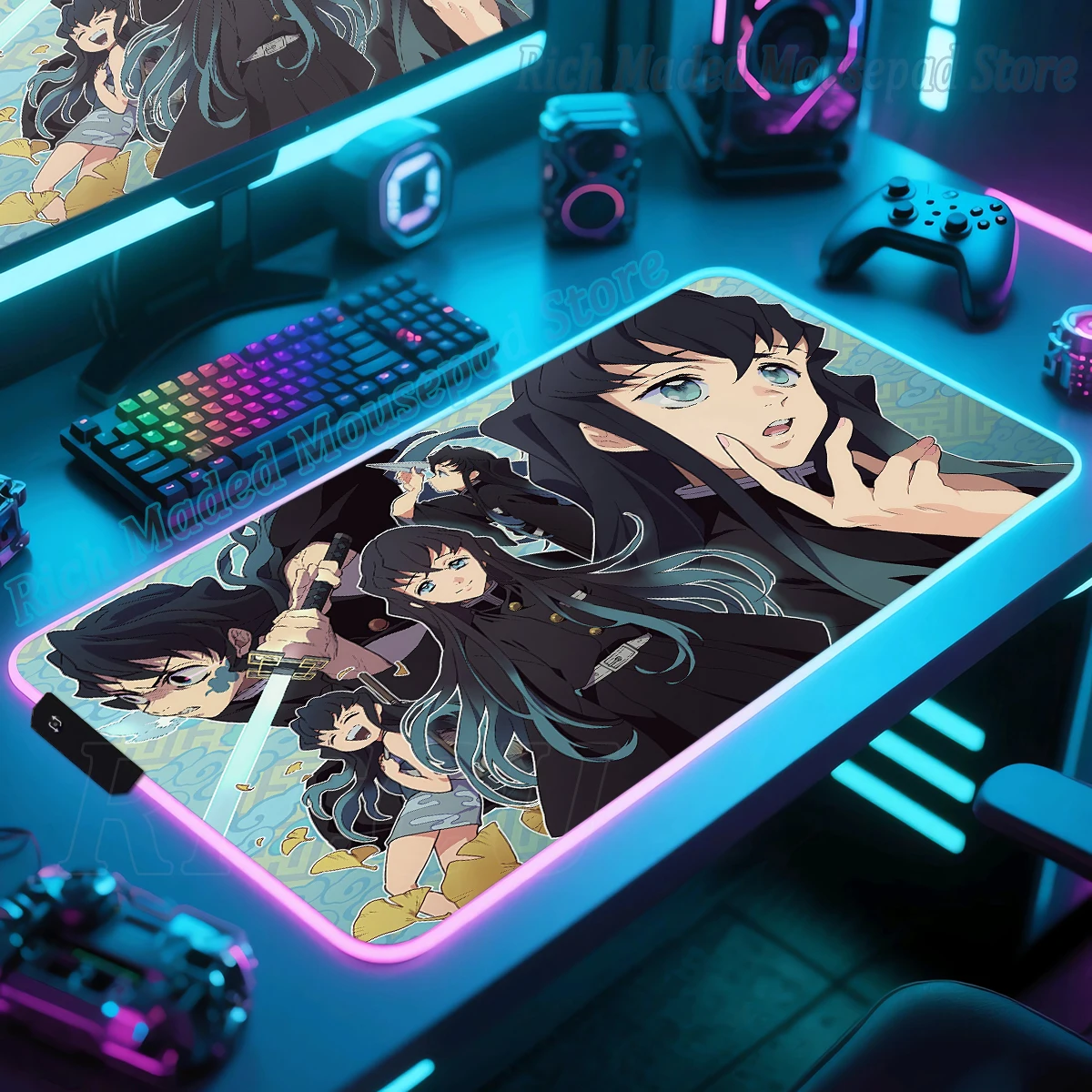 RGB Mouse Pads Demon Slayer Muichiro Tokito Mousepad Gaming Computer Led Mat Gamer Table Mats XXL Rubber Anti-slip Keyboard Rug