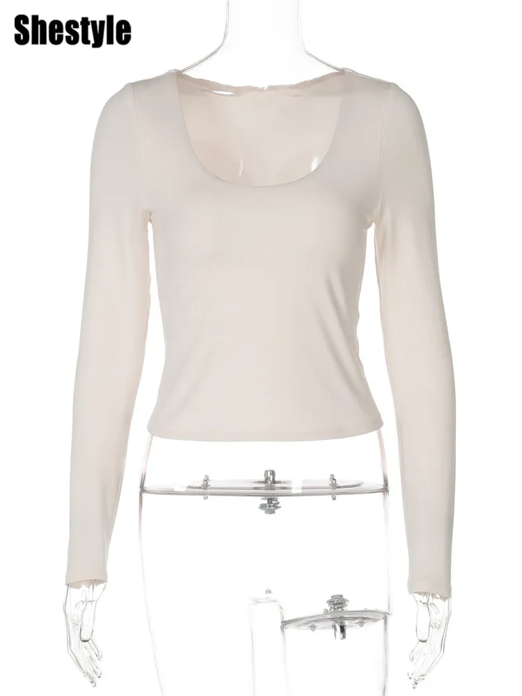 Shestyle Apricot Beige Full Sleeve Crop Tops Women 2025 Autumn Low Cut Solid Bodycon Cute T-Shirt Basic Simple Skin Care New