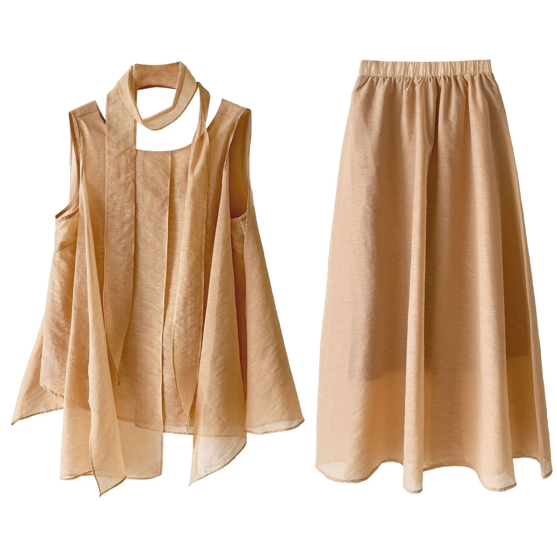 2026 Women Lace-Up V-Neck Sleeveless Blouses With High Waist Wide Leg Pants Two Pieces Sets Summer Chic Suits Ladies Outfits