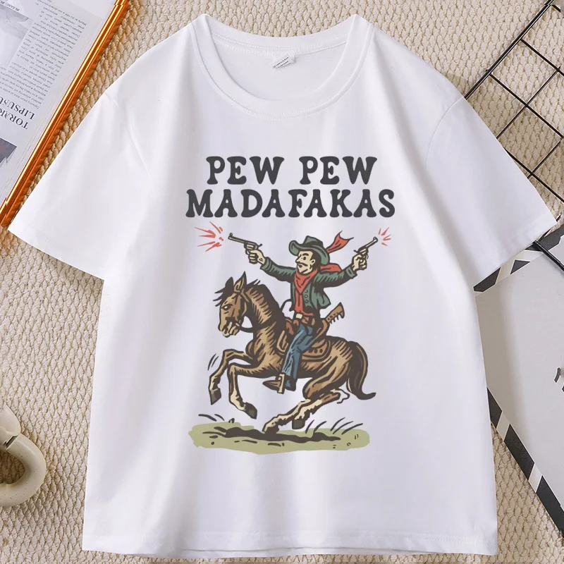 

Retro Cowboy T-Shirt Pew Pew Madafakas Tshirt Funny Western Vintage Graphic Tee Cotton Short Sleeve Printed T Shirt Clothes