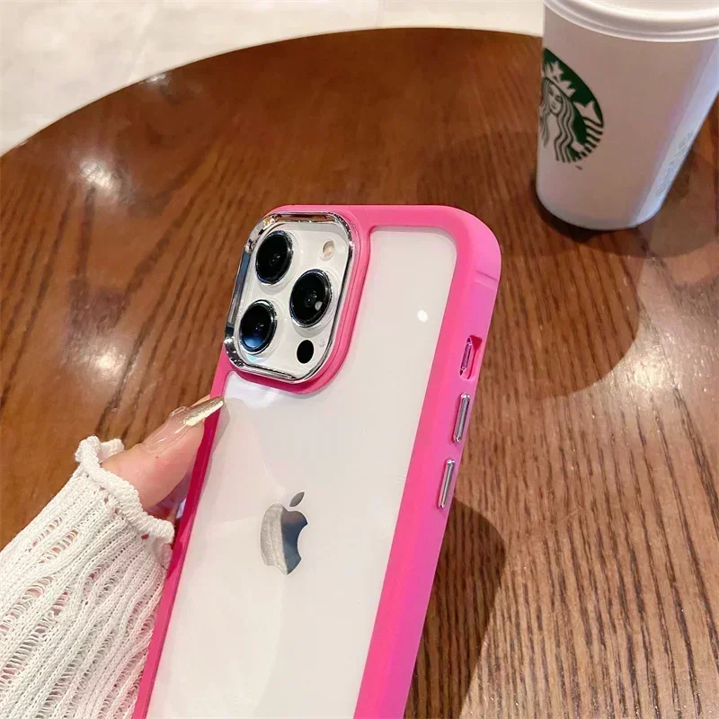เคสกันกระแทกใสปกป้องเลนส์กล้องโลหะสุดหรูสำหรับ iPhone 11 13 12 14 PRO MAX สีชมพูฝาครอบใส